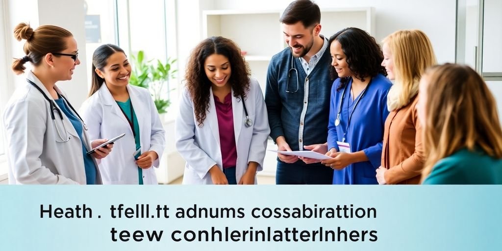 Grupo diverso discutindo planos de saúde em ambiente moderno.