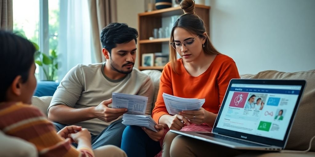 Família discutindo opções de saúde em casa.