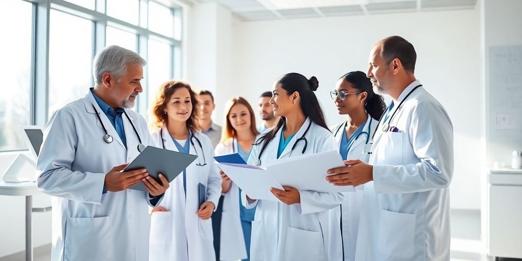 Médicos sorrindo com equipamento médico moderno.