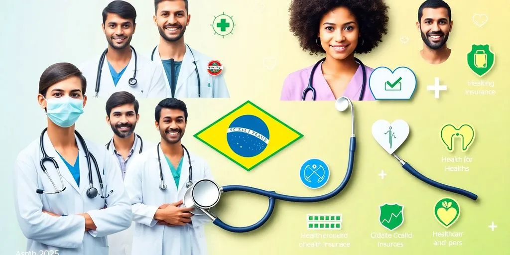 Imagem de profissionais de saúde e símbolos de planos de saúde.