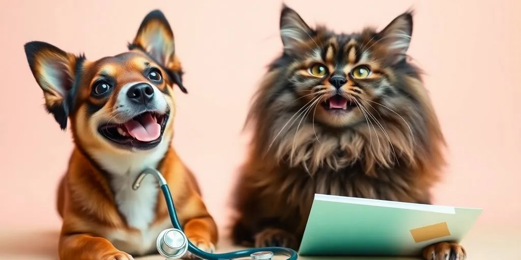 Cachorro e gato felizes com itens de cuidados médicos.