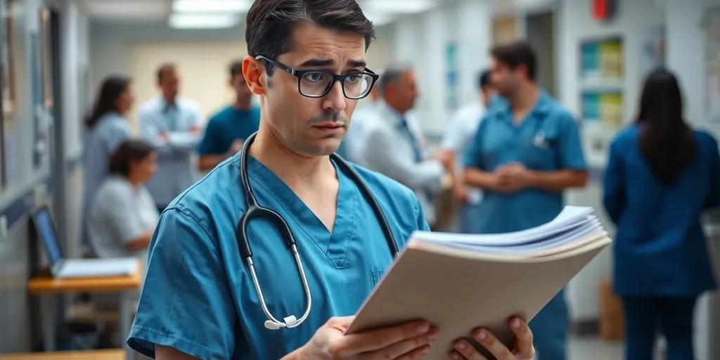 Profissional de saúde preocupado em clínica movimentada.